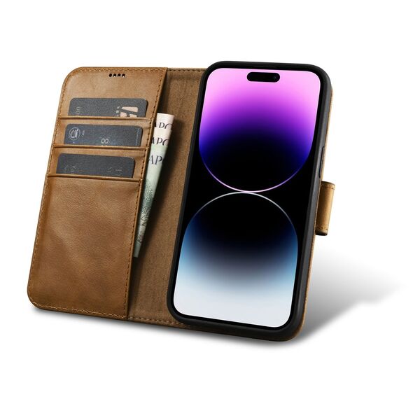 iCarer Oil Wax Wallet Anti-RFID 2in1 Apple iPhone 14 Pro light brown