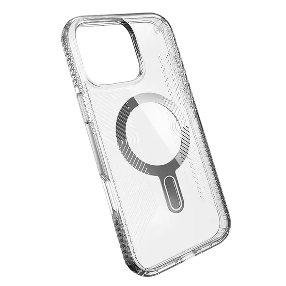 Speck Presidio Perfect-Clear Grip ClickLock & MagSafe Apple iPhone 16 Pro Max (Clear / Chrome Finish / Serene Silver)