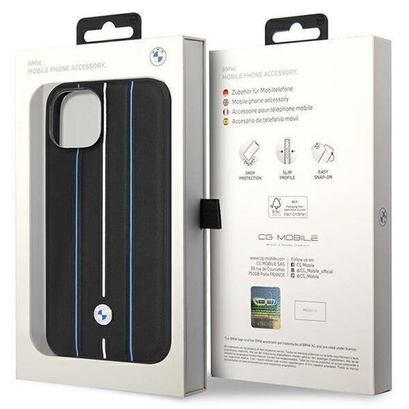 Original Case IPHONE 14 BMW Hardcase Leather Stamp Blue Lines black 3666339066321