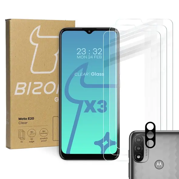 Bizon Glass Clear tempered glass - 3 pcs. + lens glass Moto E20