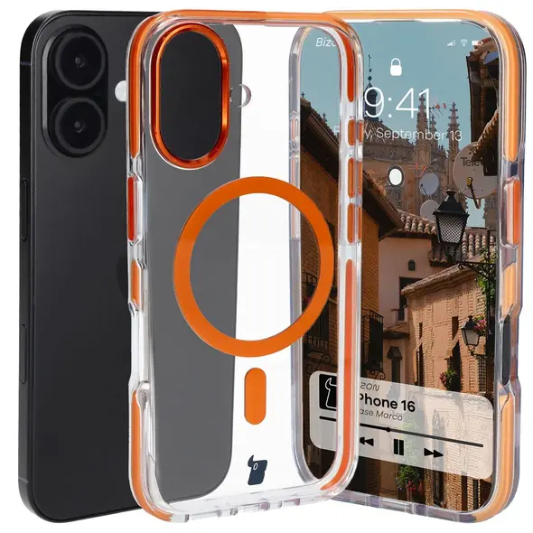 Bizon Case Marco Apple iPhone 16 clear with orange frame