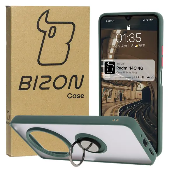 Bizon Case Hybrid Ring Xiaomi Redmi 14C 4G / POCO C75 smoky with a dark green frame