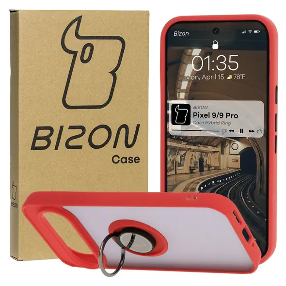 Bizon Case Hybrid Ring Google Pixel 9 / 9 Pro smoky with a red frame