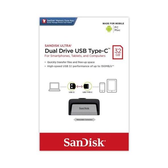 USB 3.1 Flash Disk SanDisk Dual Drive USB C 32GB 150 MB/s Ασημί 619659142049 έως και 12 άτοκες δόσεις