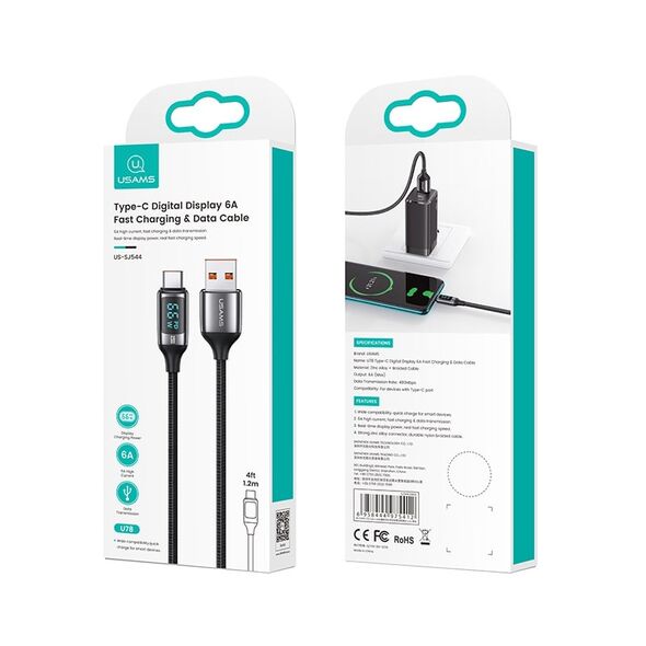 USAMS Cablu de Date USB la Type-C 66W, Digital Display, Fast Charge, 1.2m - USAMS U78 (US-SJ544) - Black 6958444975412 έως 12 άτοκες Δόσεις