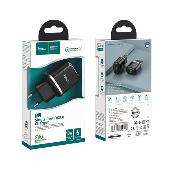 Hoco Incarcator Priza USB-A, QC 3.0, 18W, 3A - Hoco Special (N3) - Black 6931474729347 έως 12 άτοκες Δόσεις
