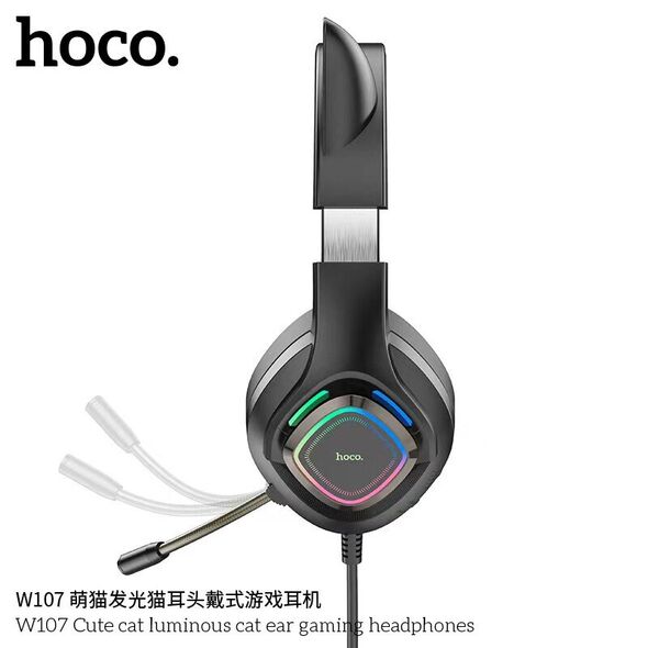 Hoco Casti Gaming Jack 3.5mm cu LED si Microfon - Hoco Cat Ears (W107)  - Black / Pink 6931474791252 έως 12 άτοκες Δόσεις