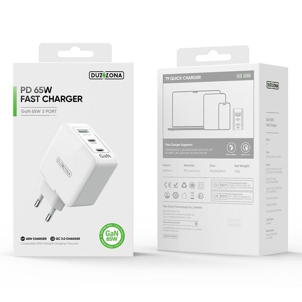 Duzzona Duzzona - Wall Charger 3in1 (T9) - USB, 2x USB-C, GaN Fast Charging 65W - White 6934913029534 έως 12 άτοκες Δόσεις