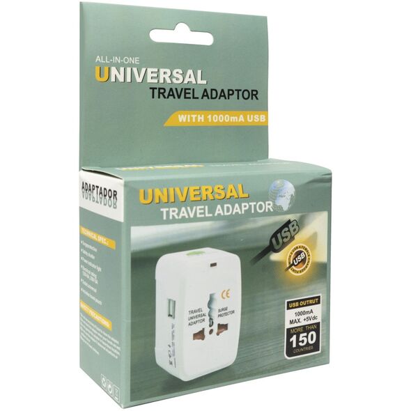 Universal travel adapter - charger No brand, 2xUSB, 1.0A, EU/US/UK/AU to EU/US/UK/AU, 220V, White - 17708