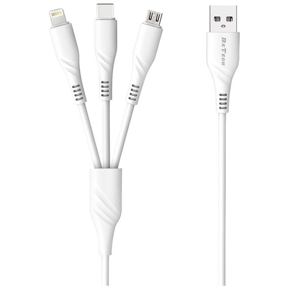 Καλώδιο φόρτισης DeTech DE-C40, 3in1, Type-C, Micro USB, Lightning, 1.2m, Λευκο - 40203