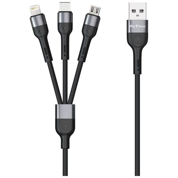 Καλώδιο φόρτισης DeTech DE-C40, 3in1, Type-C, Micro USB, Lightning, 1.2m, Μαυρο - 40203