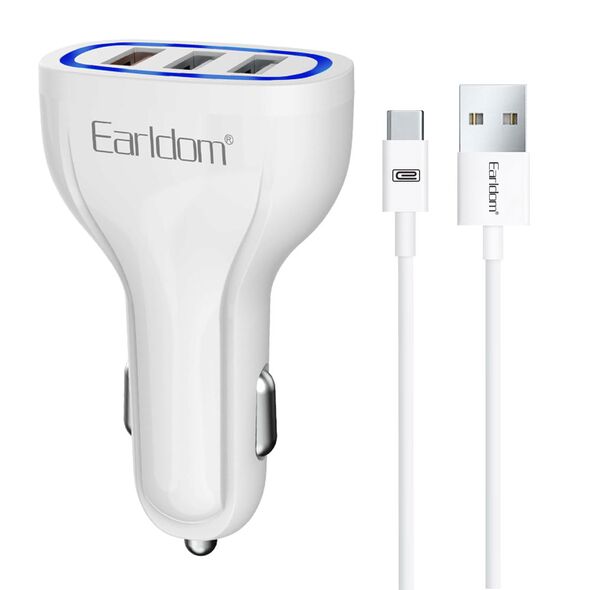 Φορτιστή αυτοκινήτου Earldom ES-CC13, 3xUSB, QC3.0, με καλώδιο Type-C, Λευκο - 40254