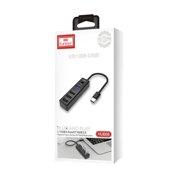 USB hub Earldom HUB08, Type-C, 4 θύρες, Μαυρο - 40171