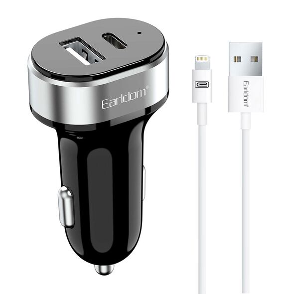 Φορτιστή αυτοκινήτου Earldom ES-CC14, 1xUSB, 1xType-C, με καλώδιο Lightning, Μαυρο - 40242