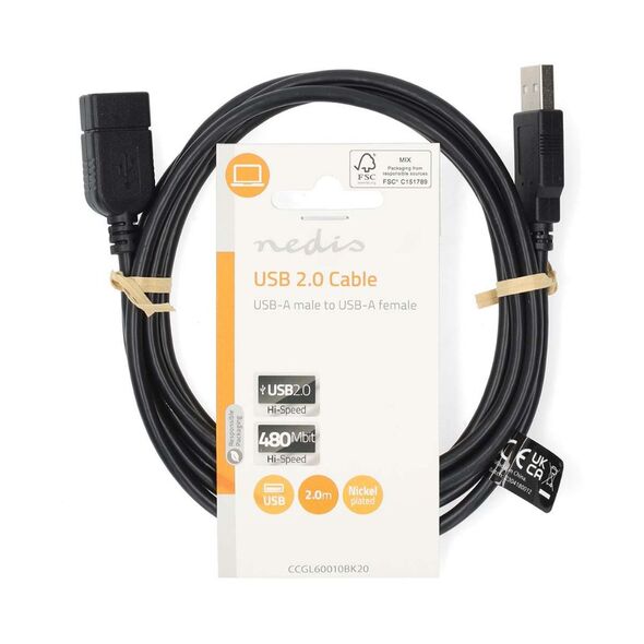 Nedis USB Cable 2.0 | USB-A Male to USB-A Female 2.00 m Black (CCGL60010BK20) (NEDCCGL60010BK20) έως 12 άτοκες Δόσεις