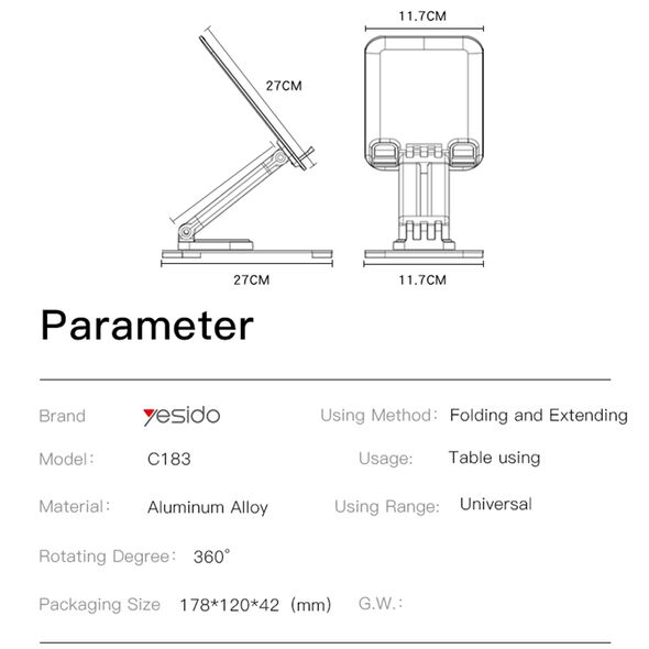 Yesido Yesido - Desk Holder (C183) - for Phone, Tablet, Foldable, Aluminum Alloy - Black 6971050268464 έως 12 άτοκες Δόσεις