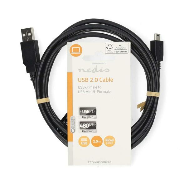 Nedis Καλώδιο USB-A Male to USB Mini-B 5 pin Male 2.00m Black (CCGL60300BK20) (NEDCCGL60300BK20) έως 12 άτοκες Δόσεις