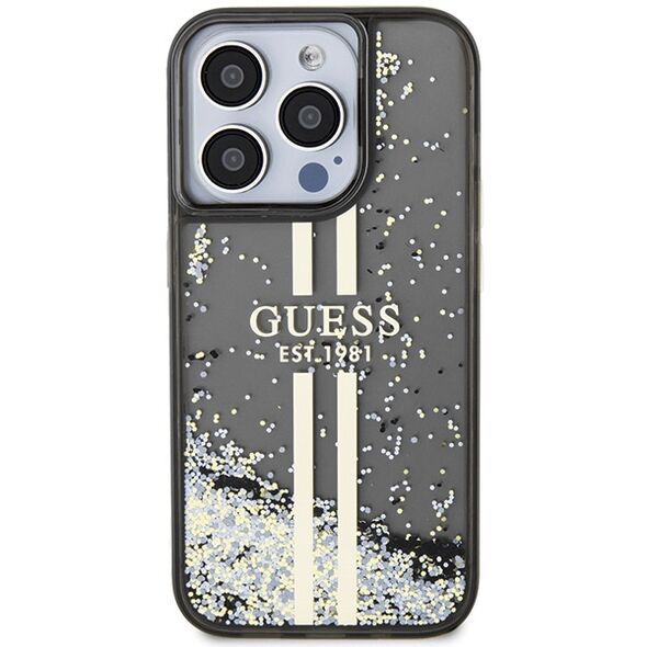 Guess case for iPhone 15 Pro Max 6,7&quot; black HC LIQ. GLITTER GOLD STRIPES 3666339223557