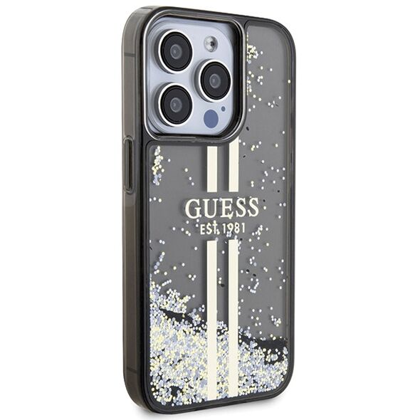 Guess case for iPhone 15 Pro Max 6,7&quot; black HC LIQ. GLITTER GOLD STRIPES 3666339223557