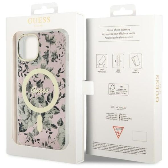 Guess case for iPhone 14 6,1&quot; GUHMP14SHCFWSP pink hardcase Magsafe IML Flower 3666339115555