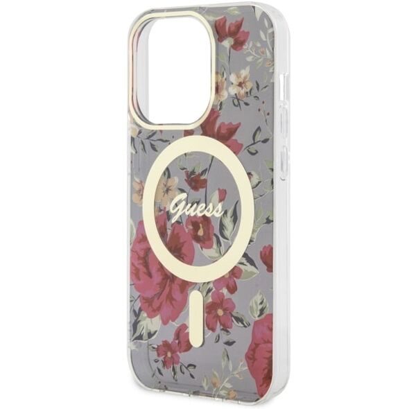 Guess case for iPhone 14 Pro 6,1&quot; GUHMP14LHCFWSA khaki hardcase Magsafe IML Flower 3666339115616