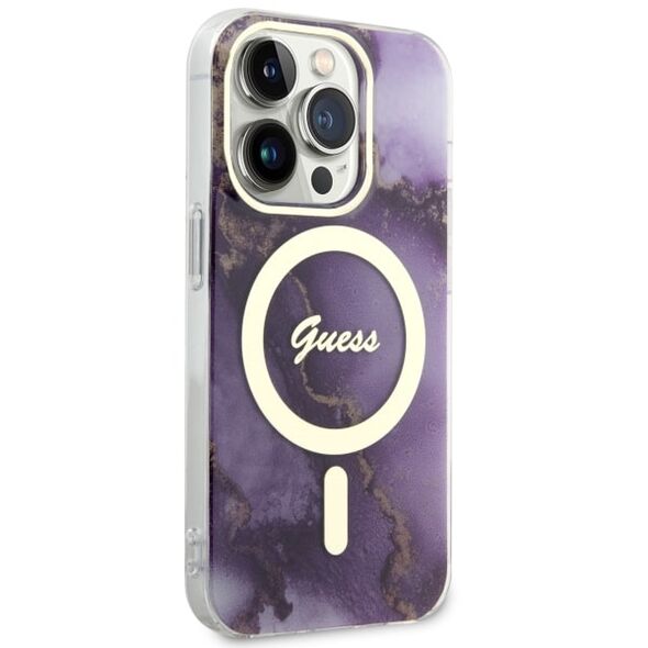 Guess case for iPhone 14 Pro 6,1&quot; GUHMP14LHTMRSU purple hard case Golden Marble MagSafe 3666339115852