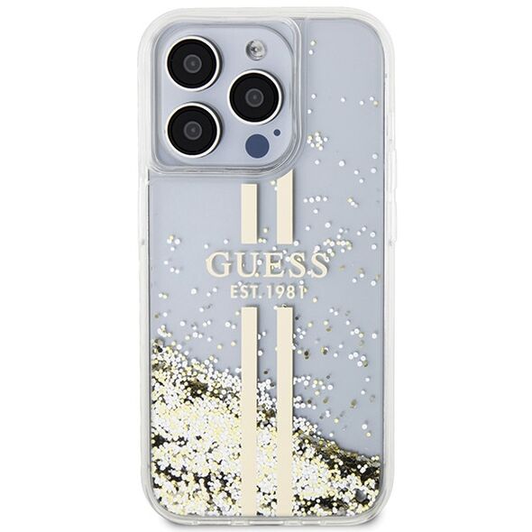 Guess case for iPhone 15 Pro Max 6,7&quot; GUHCP15XLFCSEGT transparent HC LIQ. GLITTER GOLD STRIPES 3666339223977