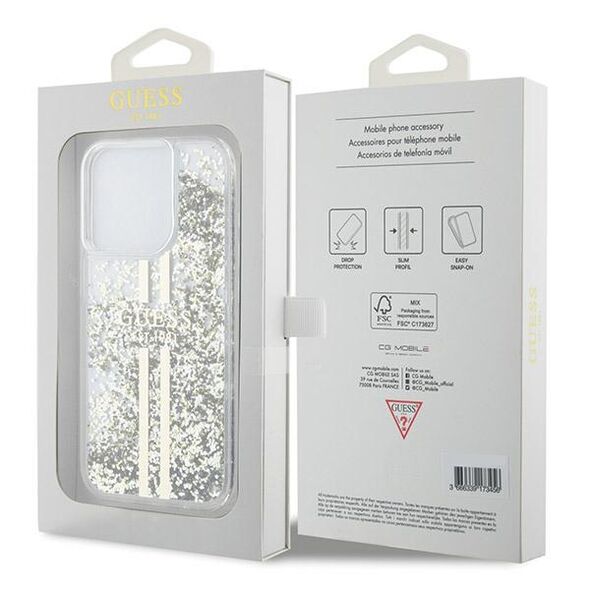 Guess case for iPhone 15 Pro Max 6,7&quot; GUHCP15XLFCSEGT transparent HC LIQ. GLITTER GOLD STRIPES 3666339223977