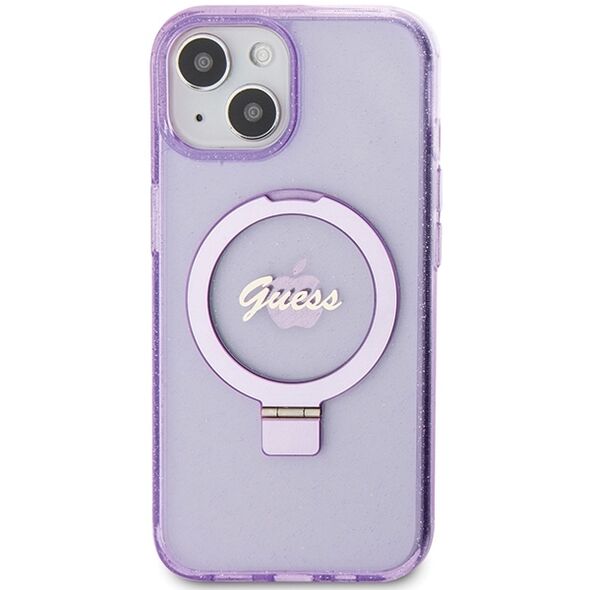 Guess case for iPhone 15 Plus 6,7&quot; GUHMP15MHRSGSU purple HC RING STAND MAGSAFE SCRIPT LOGO GLITTER 3666339156756