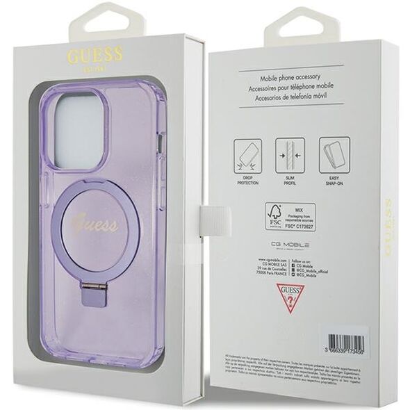 Guess case for iPhone 15 Pro Max 6,7&quot; GUHMP15XHRSGSU purple HC RING STAND MAGSAFE SCRIPT LOGO GLITTER 3666339156770