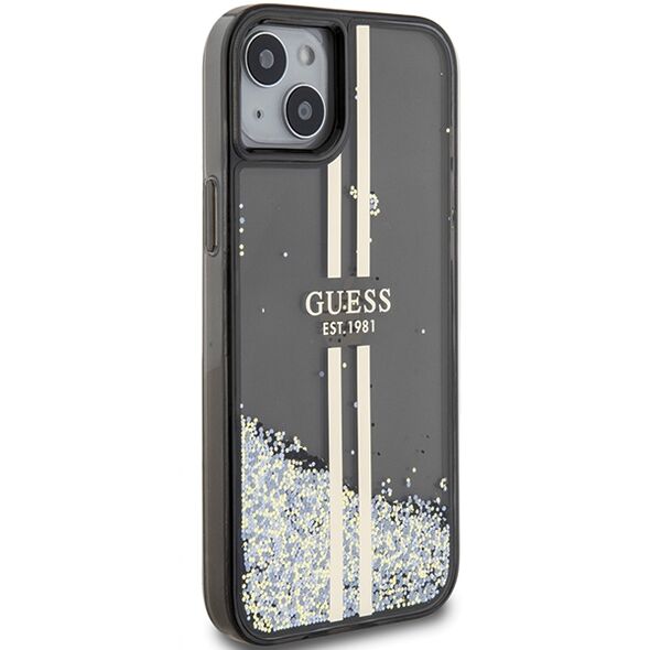 Guess case for iPhone 15 Plus 6,7&quot; GUHCP15MLFCSEGK black HC LIQ. GLITTER GOLD STRIPES 3666339223533