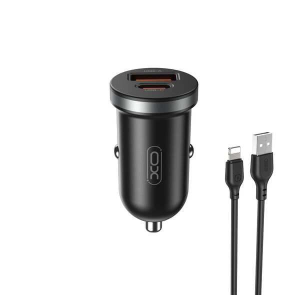 XO car charger CC56 PD 30W QC 1x USB 1x USB-C black + USB - Lightning cable 6920680848256