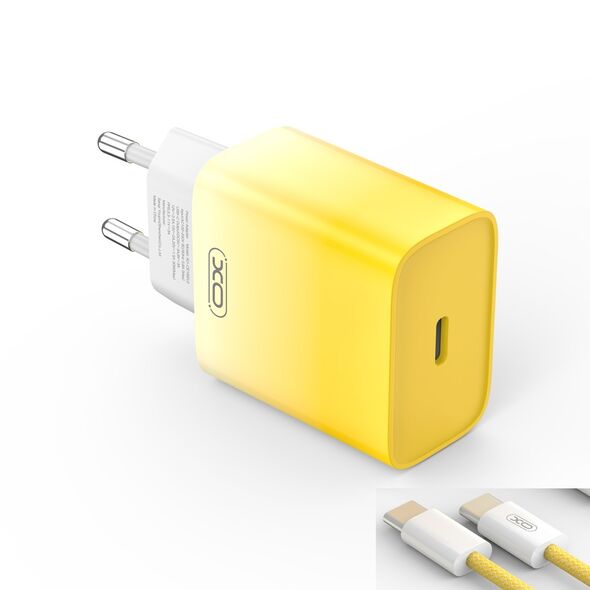 XO wall charger CE18 PD 30W 1x USB-C yellow-white + cable USB-C - USB-C 6920680851775