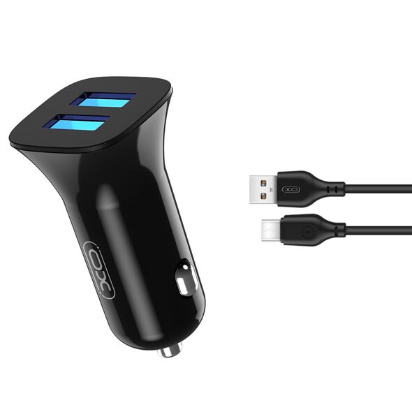 XO car charger TZ10 2x USB 2,4A black + USB-C cable 6920680875948