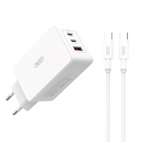 XO wall charger CE13 PD QC 3.0 65W 1x USB 2x USB-C white + USB-C - USB-C cable 6920680844289
