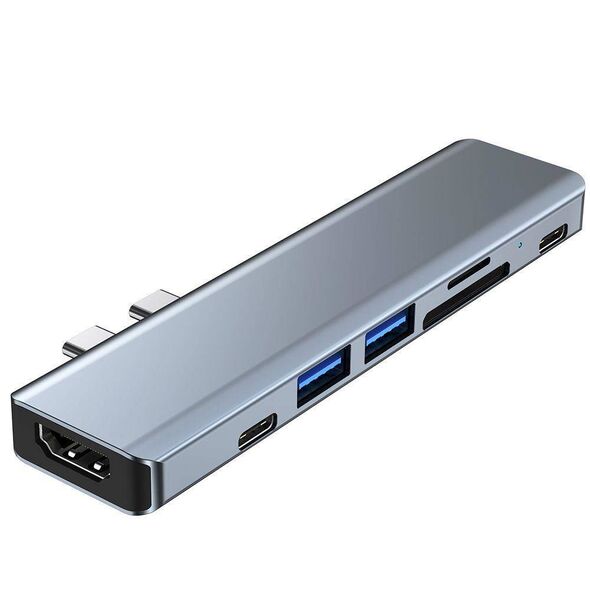 Splitter 7in1 USB HUB 2xUSB-C to 2xUSB + 2xUSB-C + HDMI + SD Card Reader + micro SD Adapter Tech-Protect V5-HUB grey 9589046919305