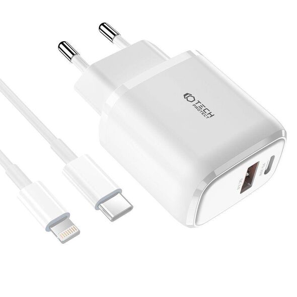 Wall Charger 20W USB-C PD + USB QC3.0 + Cable 1m USB-C - Lightning Tech-Protect C65W white 9490713929124