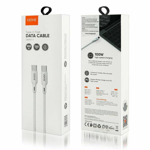 Cable 5A 100W ,.2m USB-C - USB-C VIDVIE CB493 white 6972169858430