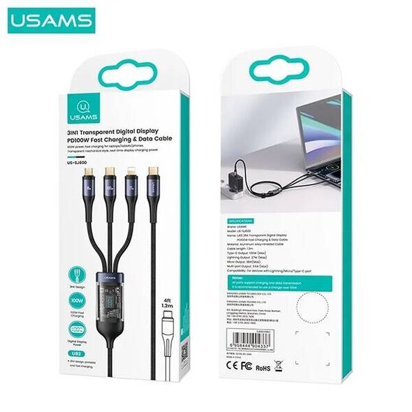 3in1 Cable 100W 1.2m USB-C - USB-C + micro USB + Lightning Digital Display PD Fast Charge USAMS U83 SJ600USB01 (US-SJ600) 6958444904337