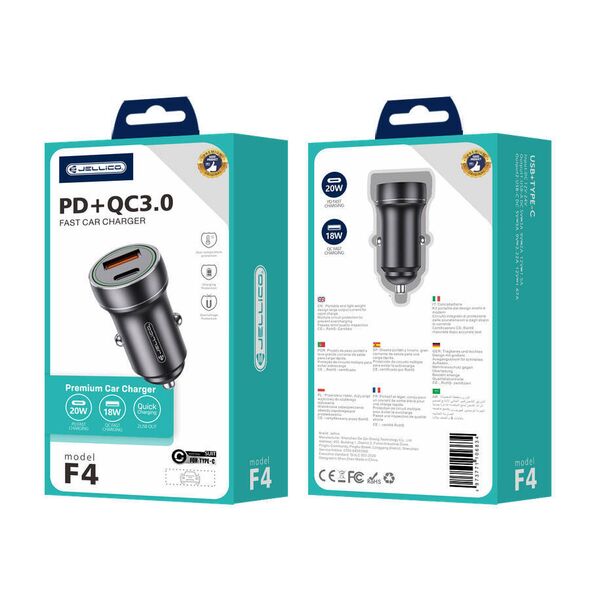 Car Charger PD 20W 1x USB-C + 1x USB QC 3.0 Jellico F4 black 6973771106834