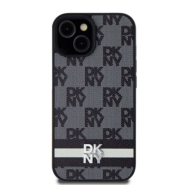 DKNY case for iPhone 15 6,1&quot; DKHCP15SPCPTSSK black HC PU checkered pattern w printed stripes 3666339263195