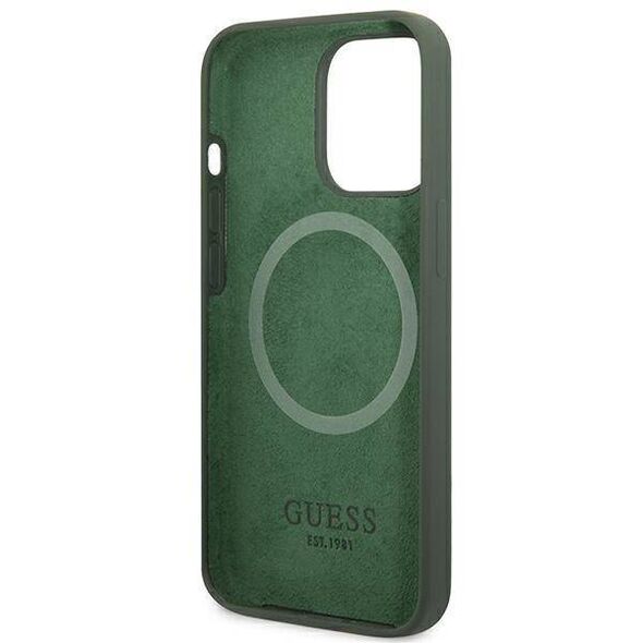 Original Case IPHONE 13 PRO Guess Hard Case Silicone Logo Plate MagSafe (GUHMP13LSPLA) green 3666339056957