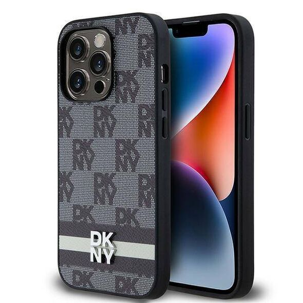 Original Case IPHONE 14 PRO DKNY Hardcase Leather Checkered Mono Pattern & Printed Stripes (DKHCP14LPCPTSSK) black 3666339263171