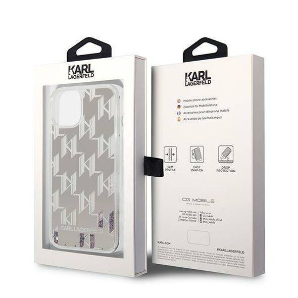 Original Case IPHONE 14 Karl Lagerfeld Hardcase Liquid Glitter Monogram silver 3666339076276