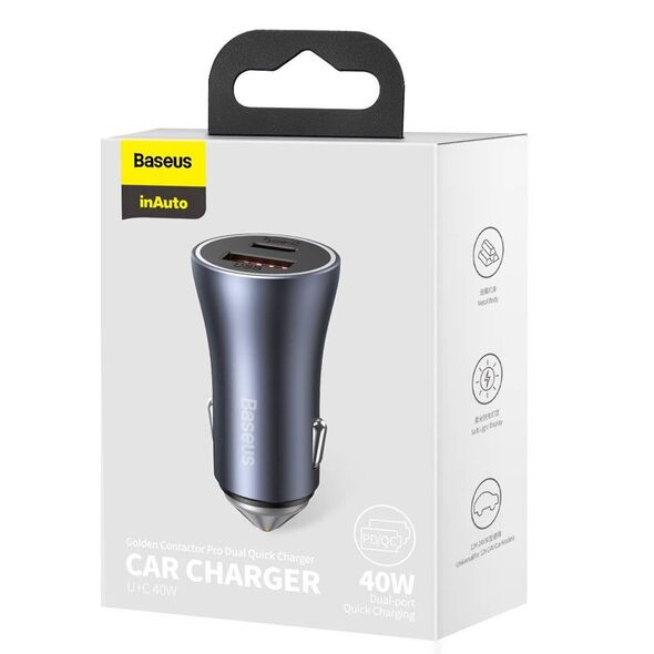 Baseus Golden Contactor Pro car charger, USB + USB-C, QC4.0+, PD, SCP, 40W (gray) 6953156201934