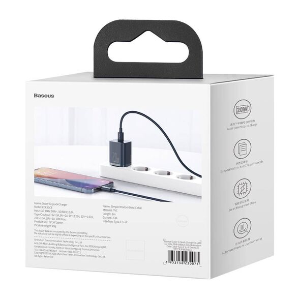 Baseus Super Si Quick Charger 1C 20W with USB-C cable for Lightning 1m (blue) 6953156230071