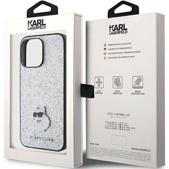 Original Case APPLE IPHONE 15 PRO MAX Karl Lagerfeld Hardcase Fixed Glitter Choupette Logo Metal Pin (KLHCP15XGCNPSG) silver 3666339165307