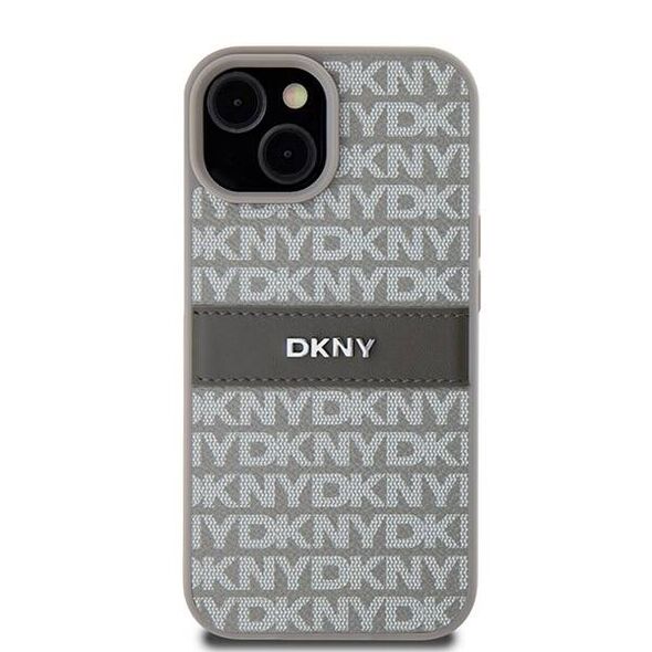 Original Case IPHONE 15 PLUS / 14 PLUS DKNY Hardcase Leather Mono Stripe & Metal Logo (DKHCP15MPRTHSLE) beige 3666339260545