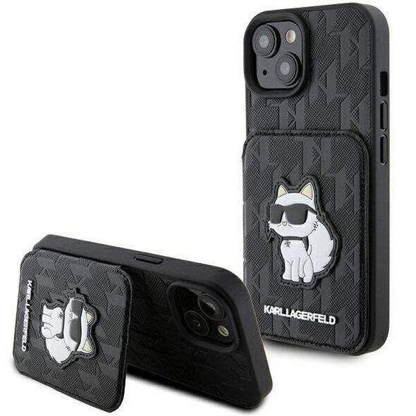 Original Case APPLE IPHONE 15 Karl Lagerfeld Hardcase Saffiano Cardslots and Stand Monogram Choupette (KLHCP15SSAKCNSCK) black 3666339169596