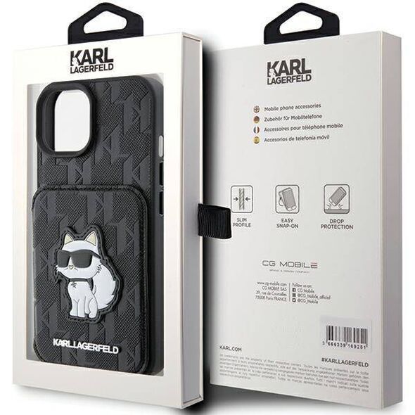 Original Case APPLE IPHONE 15 Karl Lagerfeld Hardcase Saffiano Cardslots and Stand Monogram Choupette (KLHCP15SSAKCNSCK) black 3666339169596